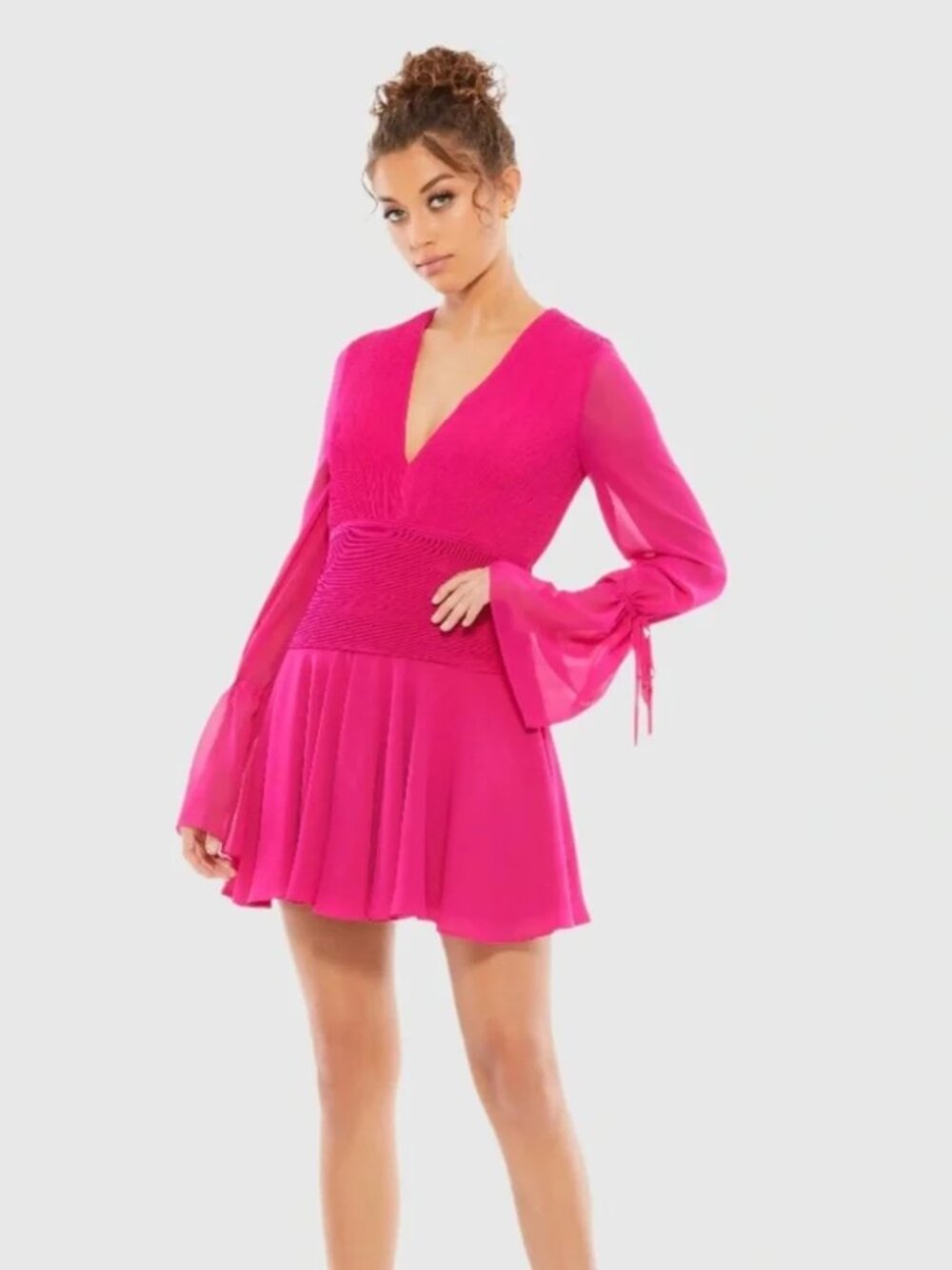 Mac Duggal Size 4 Hot Pink Mini V Neck Smocked Waist Dress 26411 NWT